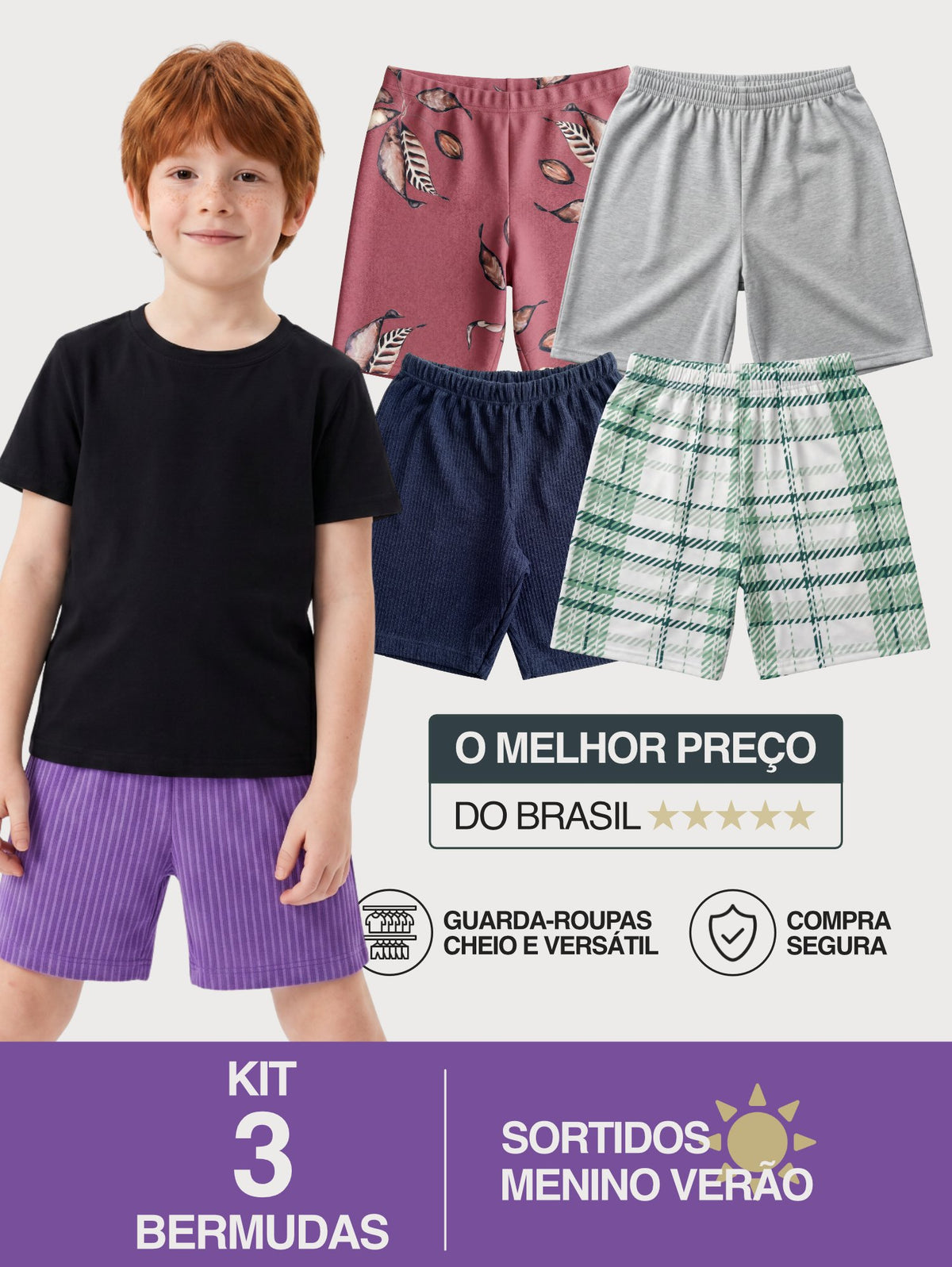 Kit 3 Bermudas Sortidas infantil Menino Verão