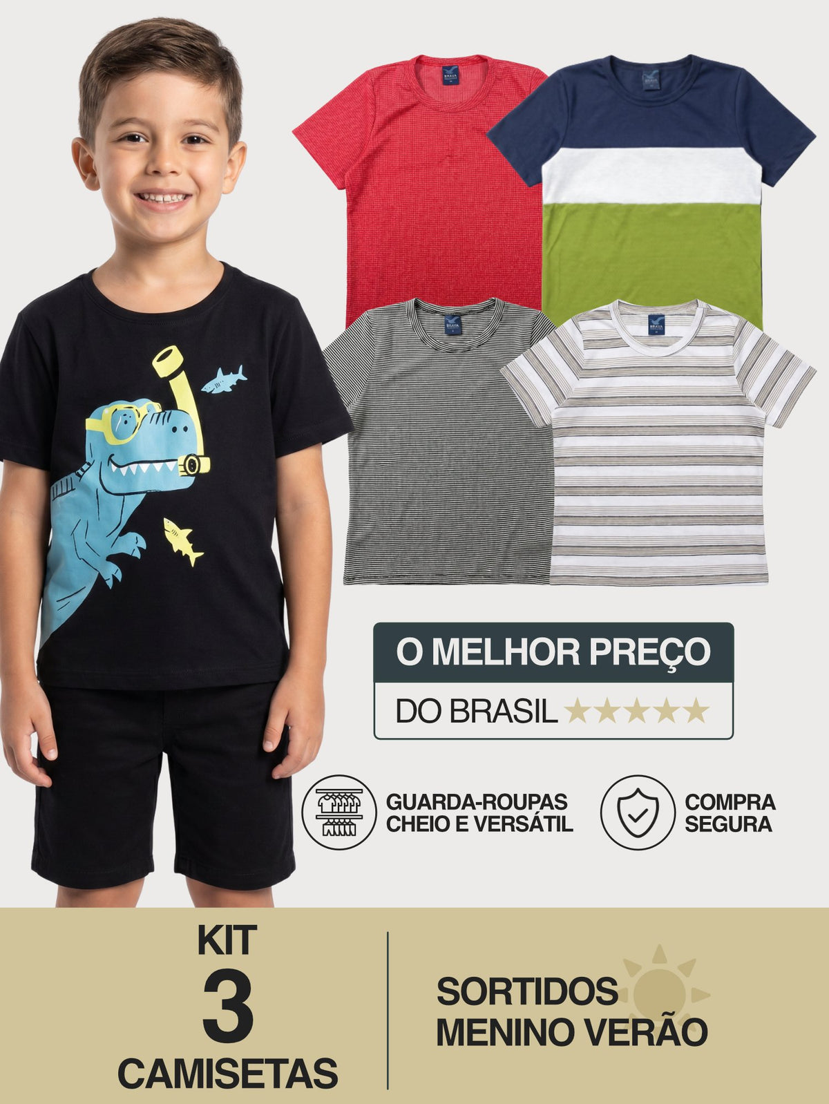 Kit 3 Camisetas Sortidas infantil Menino Verão