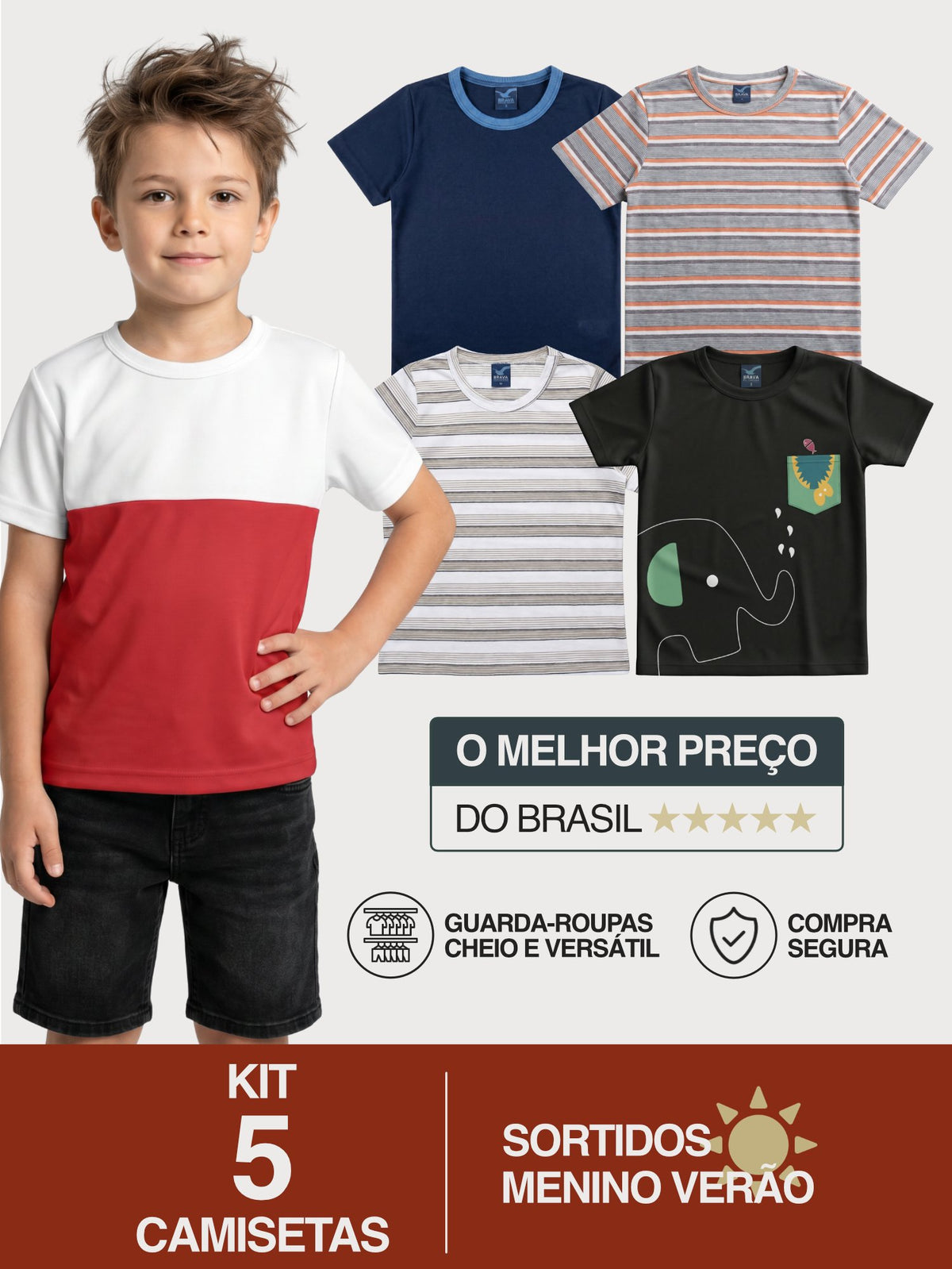 Kit 5 Camisetas Sortidas infantil Menino Verão